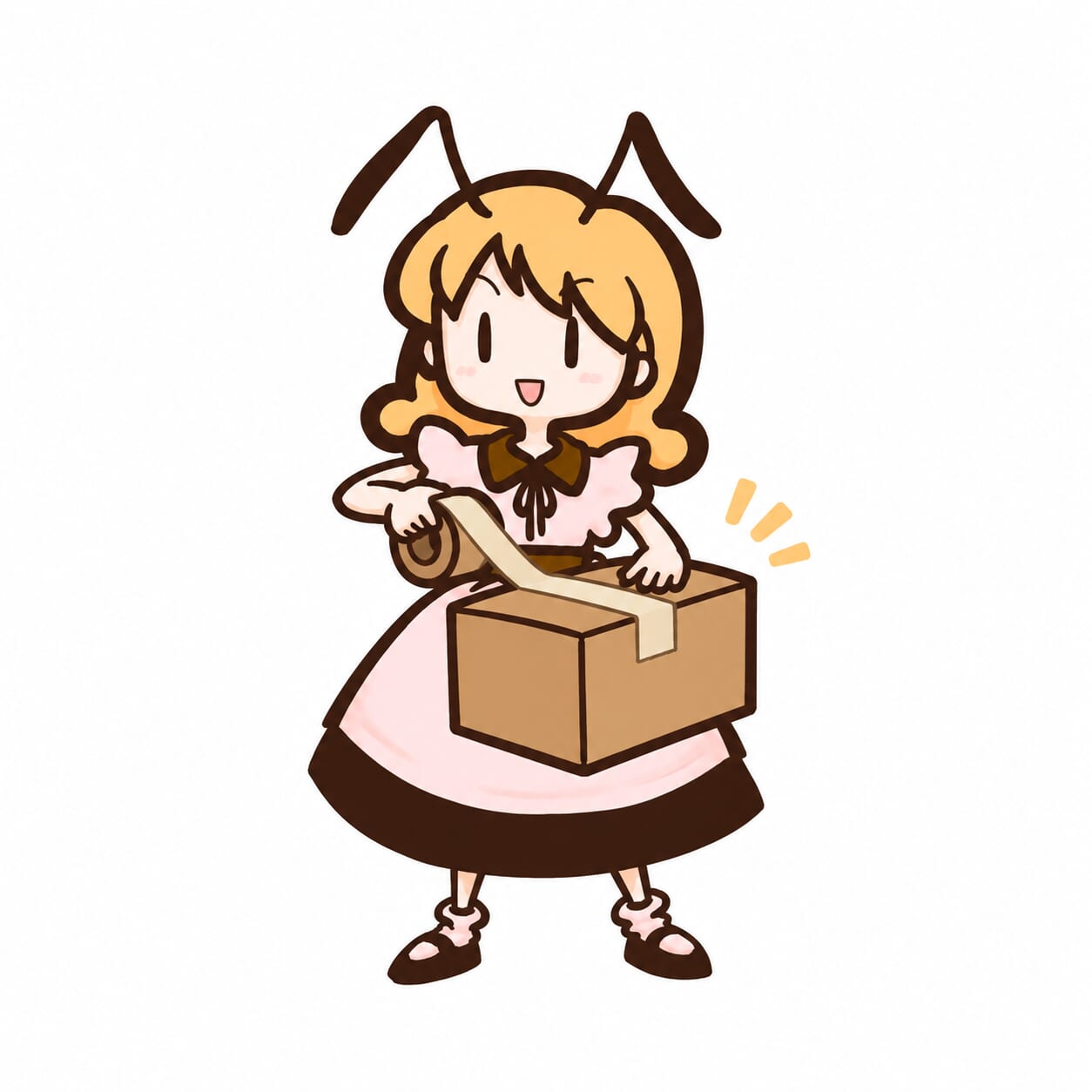 段ボールをテープで梱包するありすちゃん