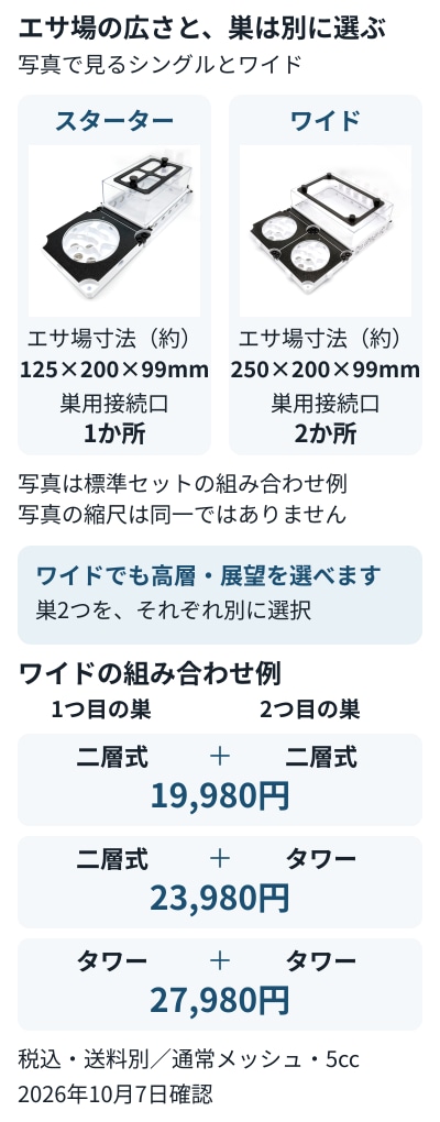 スターターとワイドのエサ場寸法とセット構成の比較